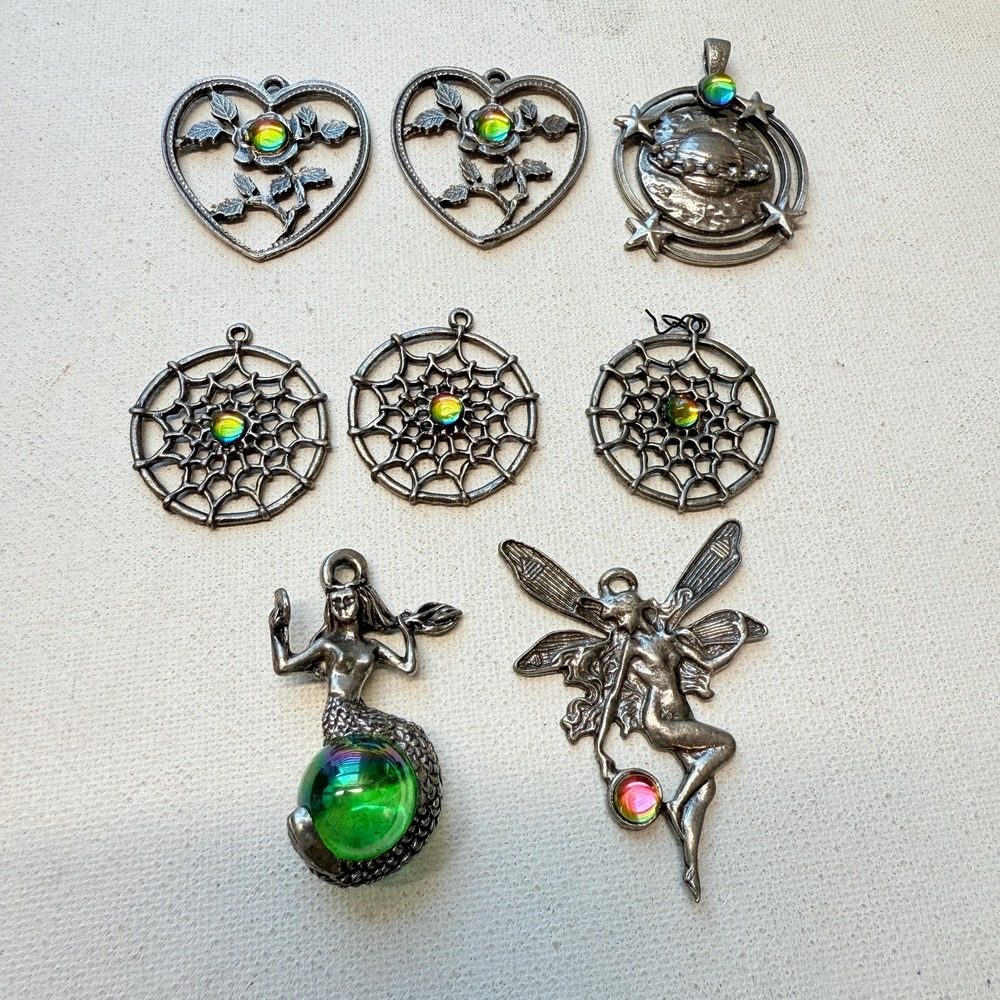 8 pc Gunmetal Mix Vitrail Glass Fairy Dreamcatcher Y2K Celestial Large Pendants